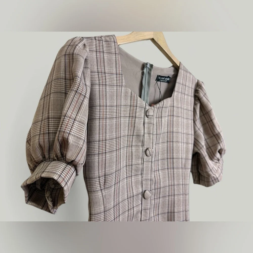 Plaid Dress Women Size Medium Brown Midi Sweetheart Neckline Puff Short Sleeves - Picture 9 of 11